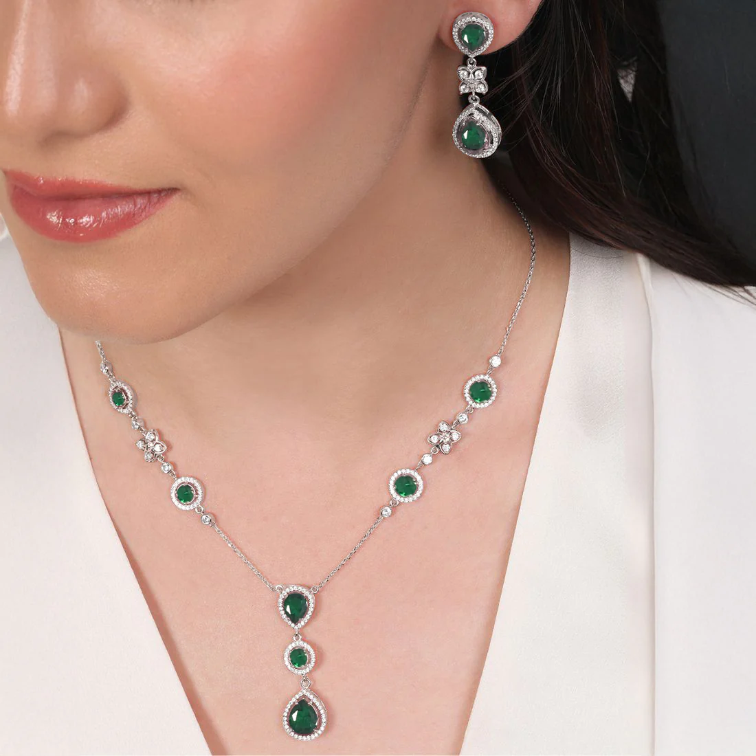 Alluring Mystery Rhodium Plated 925 Sterling Silver Green Jewellery Set - Image 2