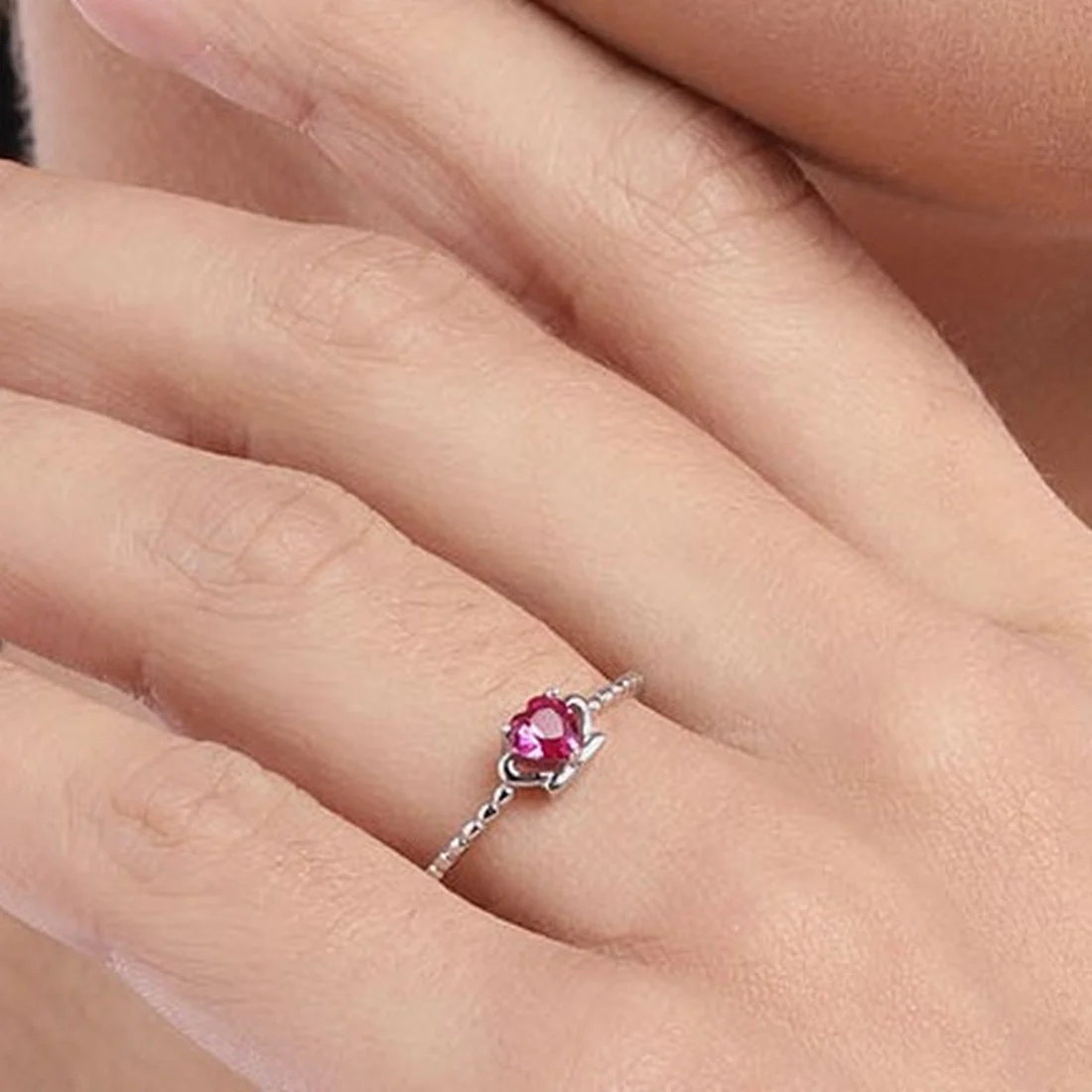 Alora Ruby Heart 925 Sterling Silver CZ Ring for Women (Adjustable) - Image 2