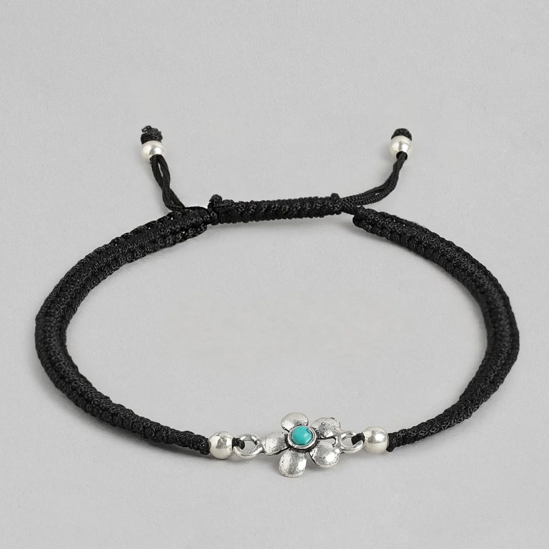 Floral Blue Rhodium Plated 925 Sterling Silver Thread Anklet - Image 7