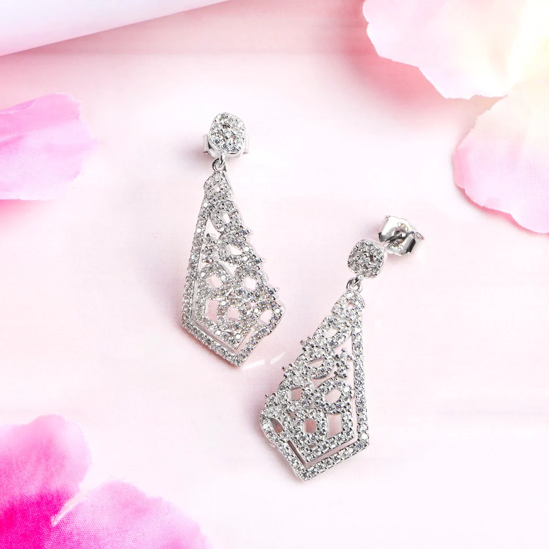 Abstract CZ Elegance Rhodium-Plated 925 Sterling Silver Earrings