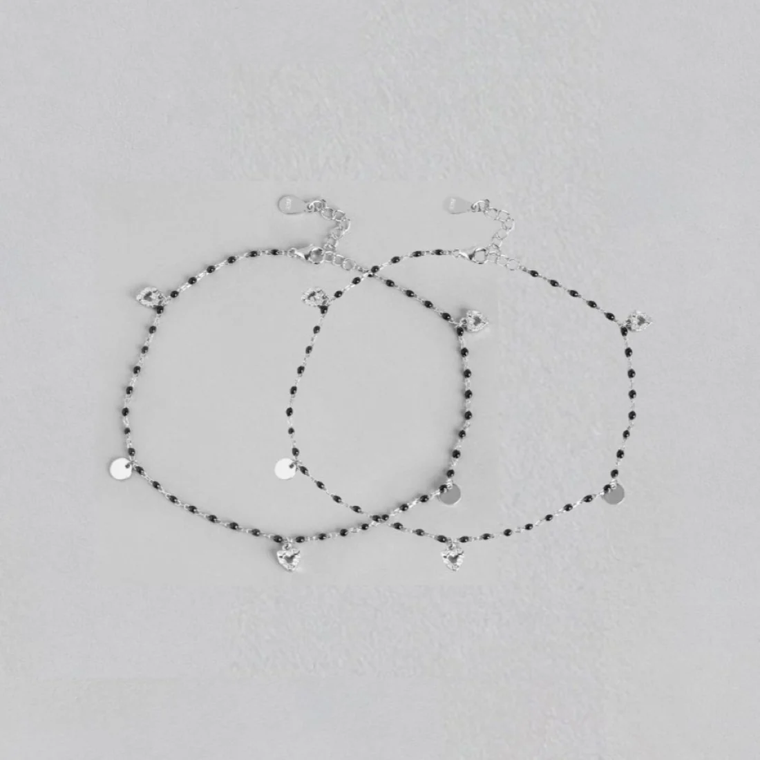 Black Beads with Heart Charms 925 Sterling Silver Anklet - Image 5