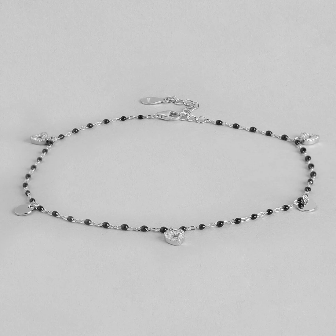 Black Beads with Heart Charms 925 Sterling Silver Anklet - Image 6
