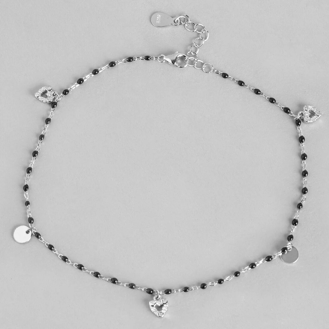Black Beads with Heart Charms 925 Sterling Silver Anklet - Image 7