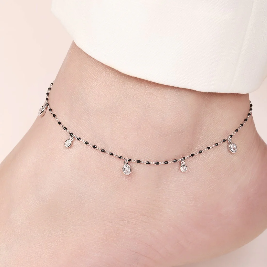 Black Beads CZ Rhodium Plated 925 Sterling Silver Anklet - Image 2