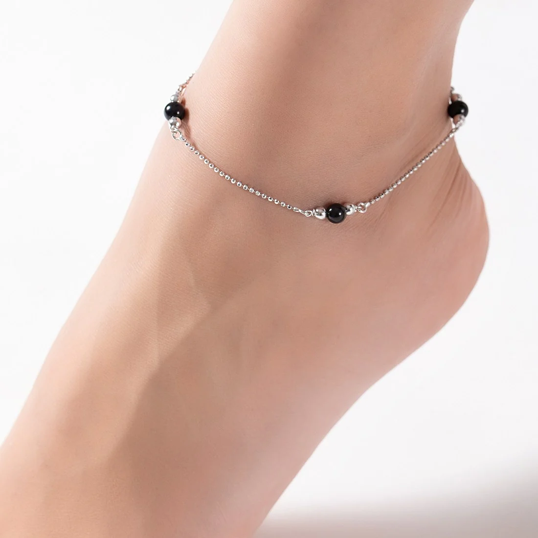 Black Pearl Rhodium Plated 925 Sterling Silver Chained Anklet