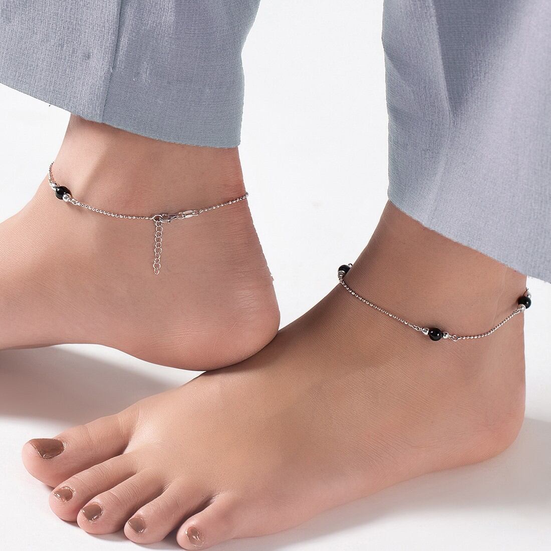 Black Pearl Rhodium Plated 925 Sterling Silver Chained Anklet - Image 3