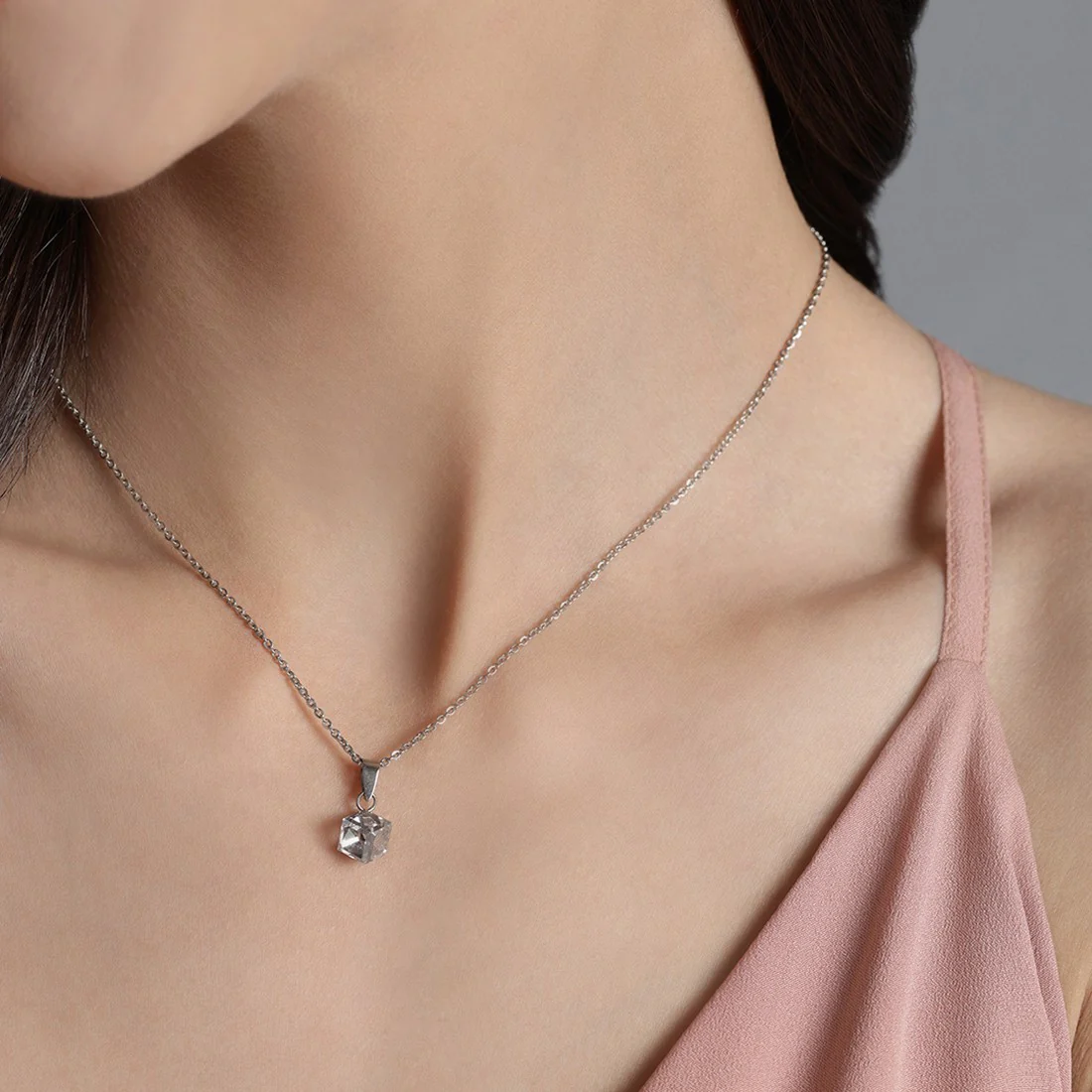 White Solitaire Cube 925 Sterling Silver CZ Necklace - Image 2