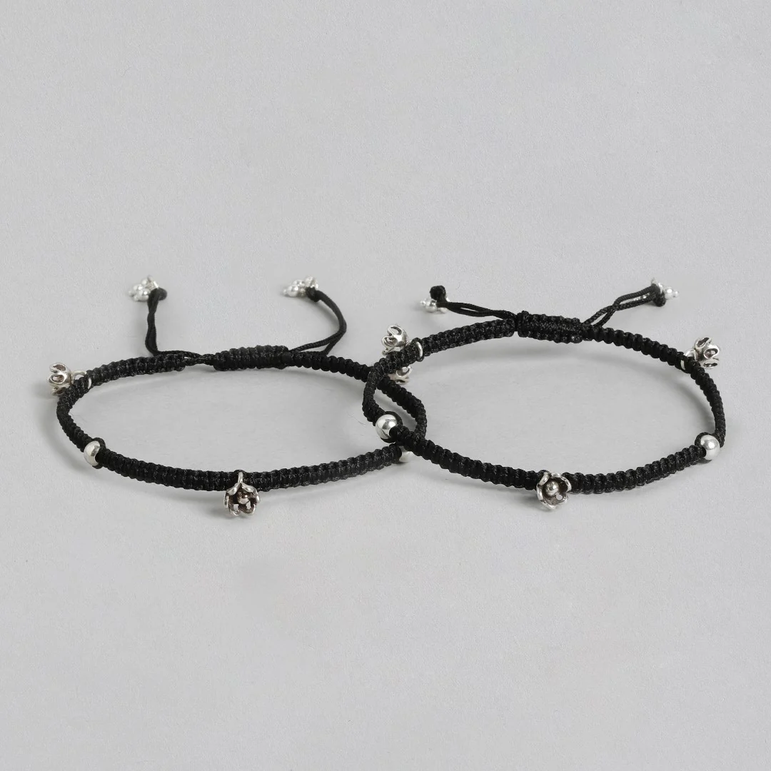 Black Thread with Floral Charms 925 Silver Anklet - Image 4
