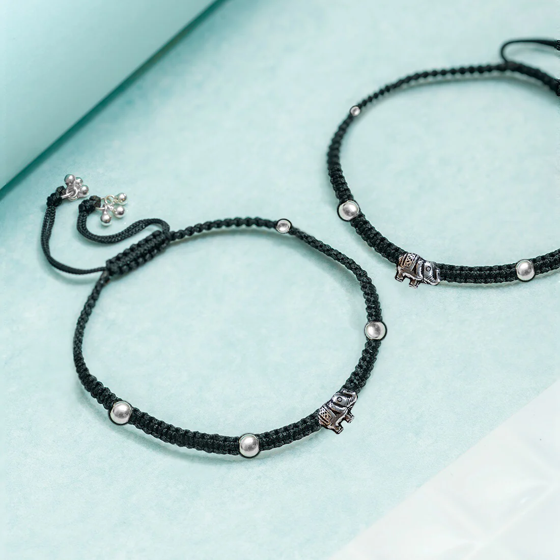 Black Thread With Elephant Charm 925 Sterling Silver Anklet