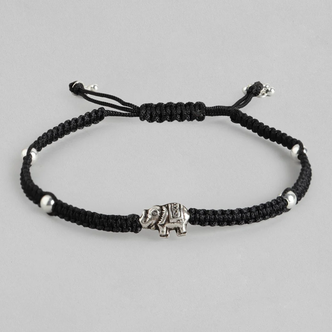 Black Thread With Elephant Charm 925 Sterling Silver Anklet - Image 4