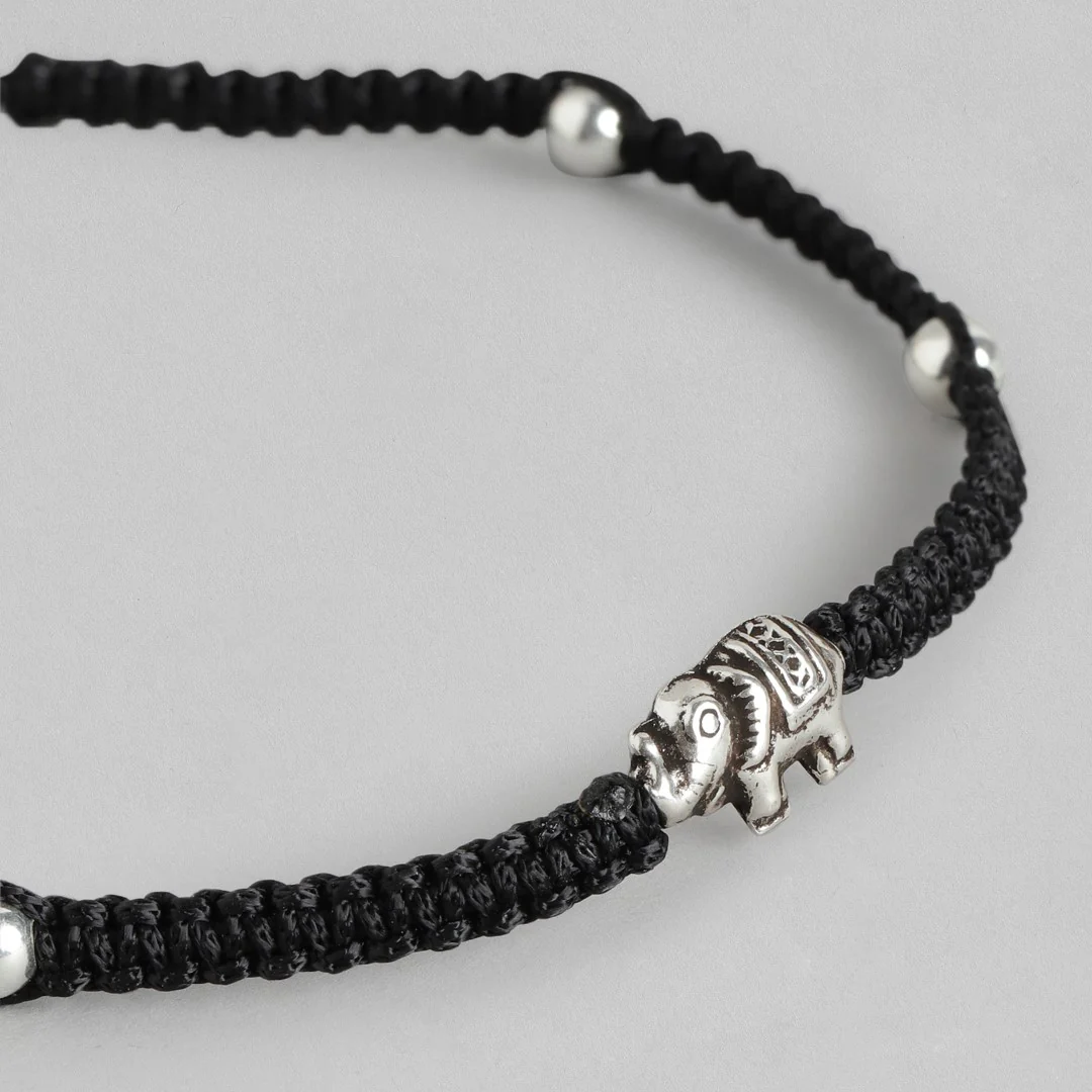 Black Thread With Elephant Charm 925 Sterling Silver Anklet - Image 5