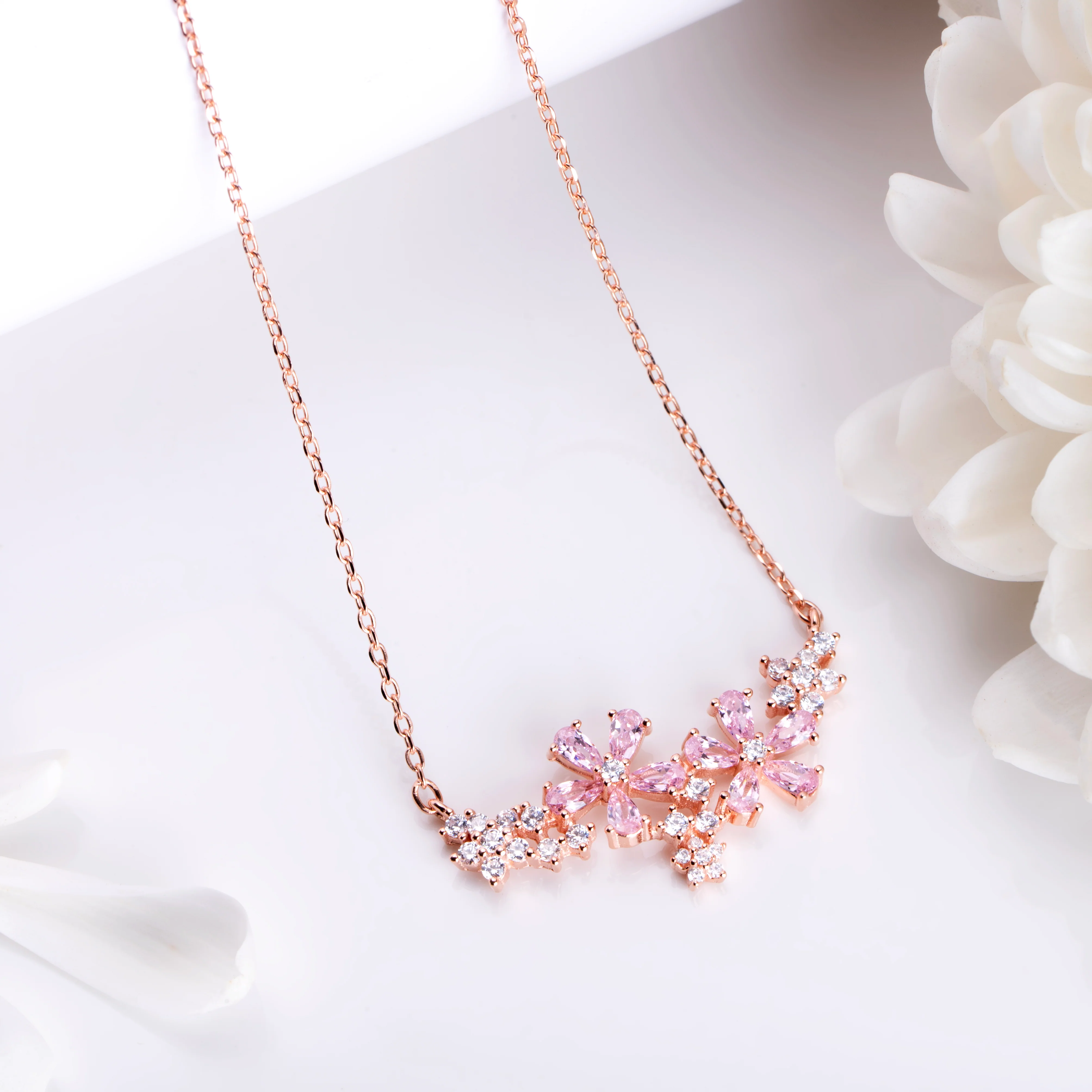 Blooming Blossoms 925 Sterling Silver Rose Gold-Plated Flower Necklace