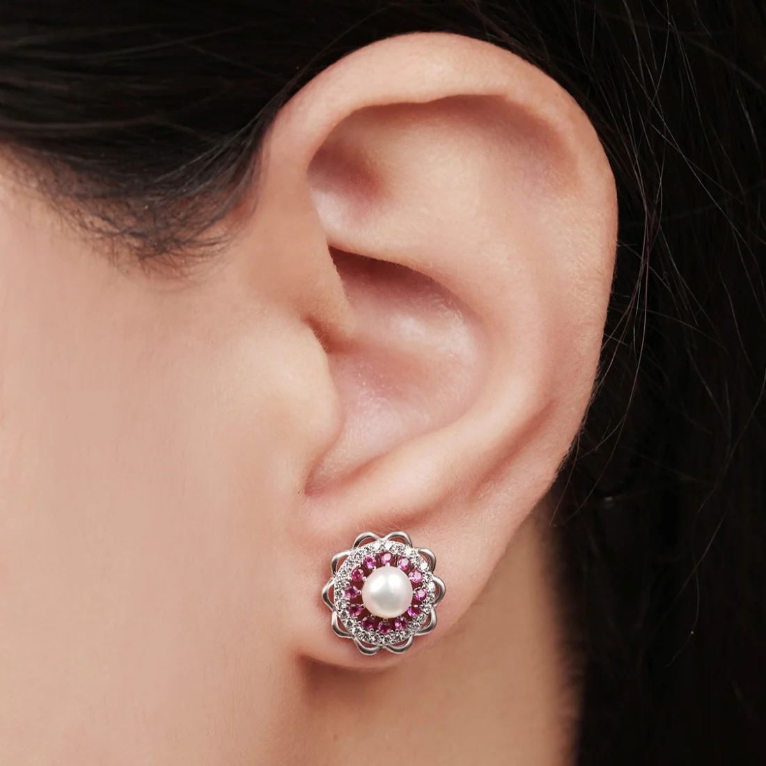 Blooming Pearl Harmony Rhodium-Plated 925 Sterling Silver Stud Earrings - Image 2