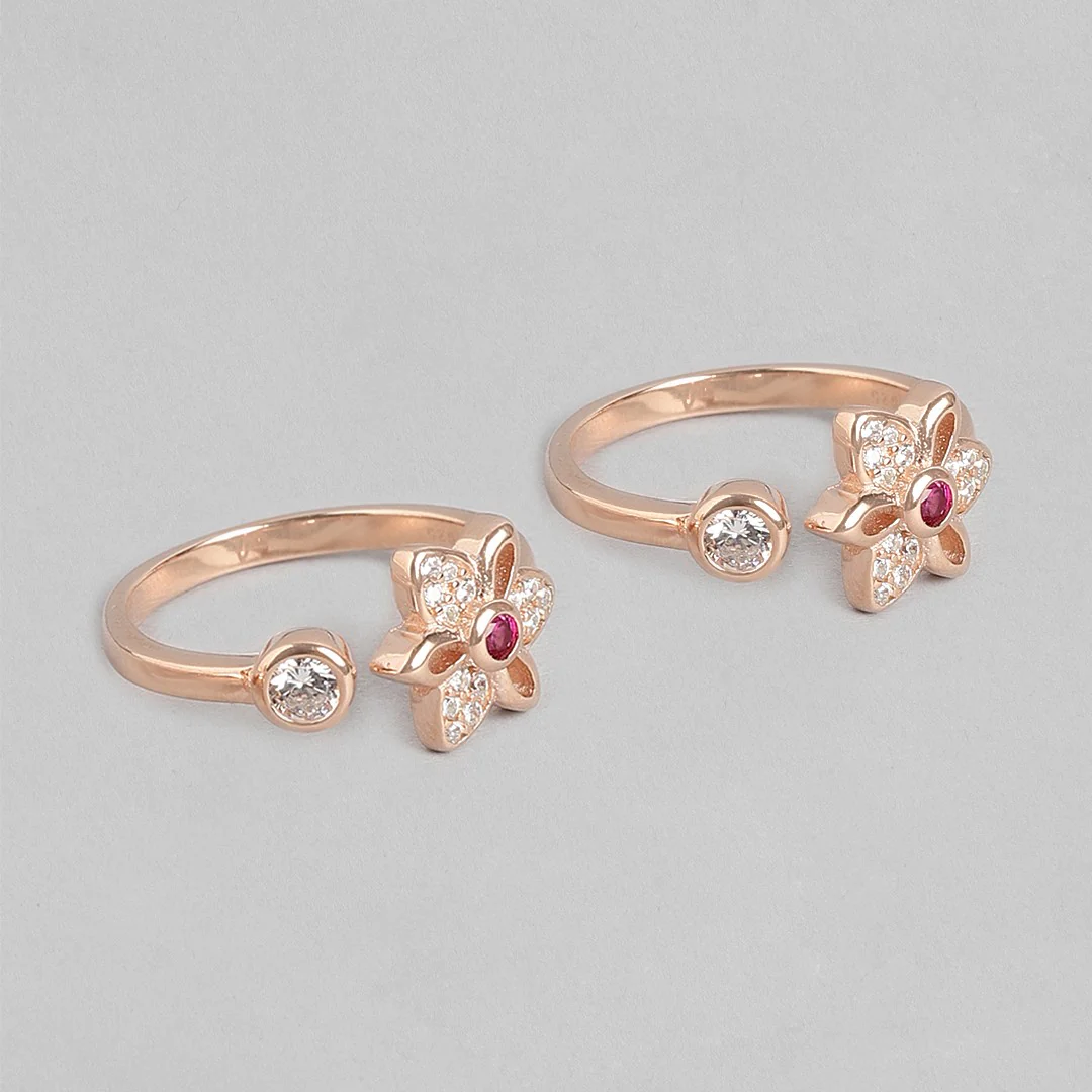 Blooming Petals Rose Gold-Plated 925 Sterling Silver Toe Ring with Cubic Zirconia - Image 6