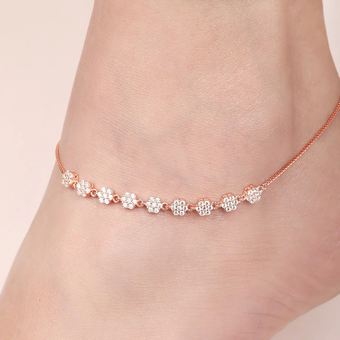 Blossom Brilliance Floral CZ Rose Gold Plated 925 Sterling Silver Anklet - Image 2