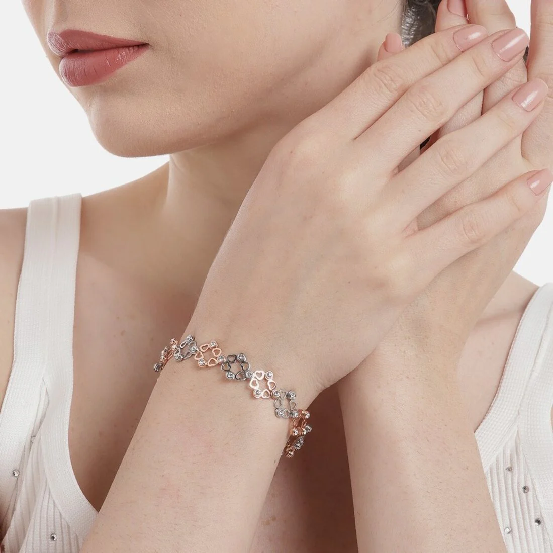 Blossoming Dual-Tone CZ Elegance 925 Sterling Silver Ring Bracelet - Image 3