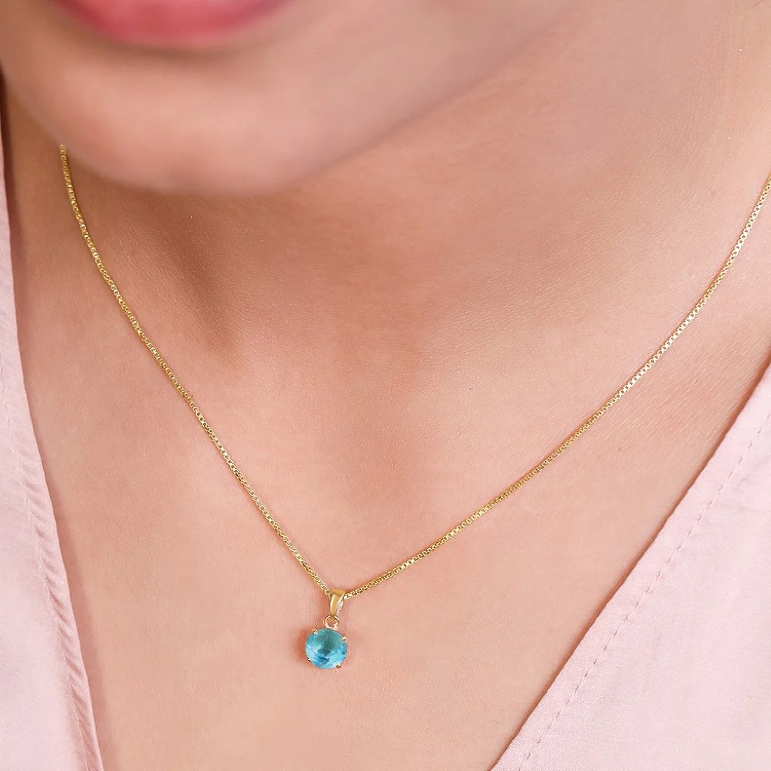 Blue Solitaire Gold Plated Box chain Pendant with Chain