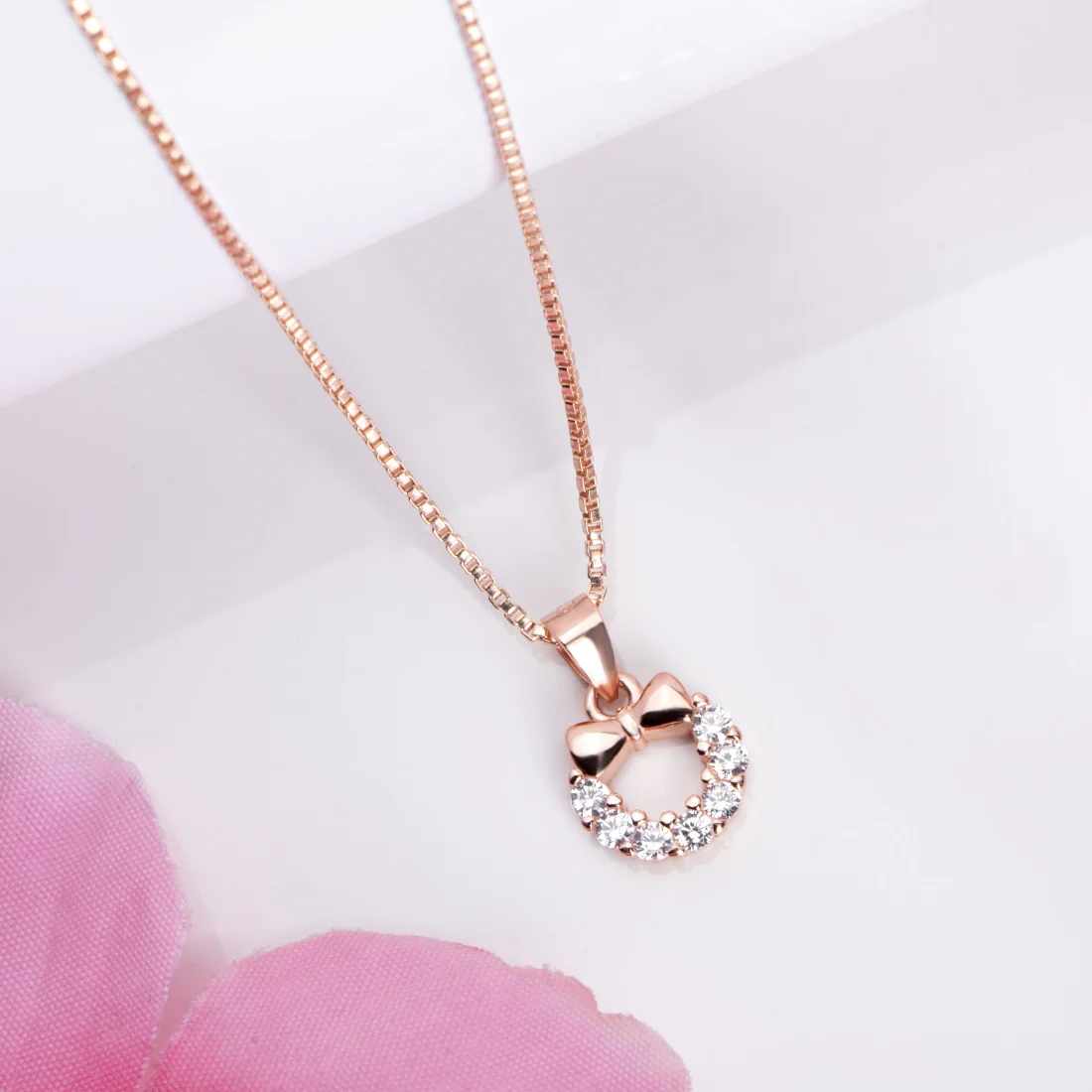 Bow-Knot Elegance CZ Rose Gold-Plated 925 Sterling Silver Pendant with Chain