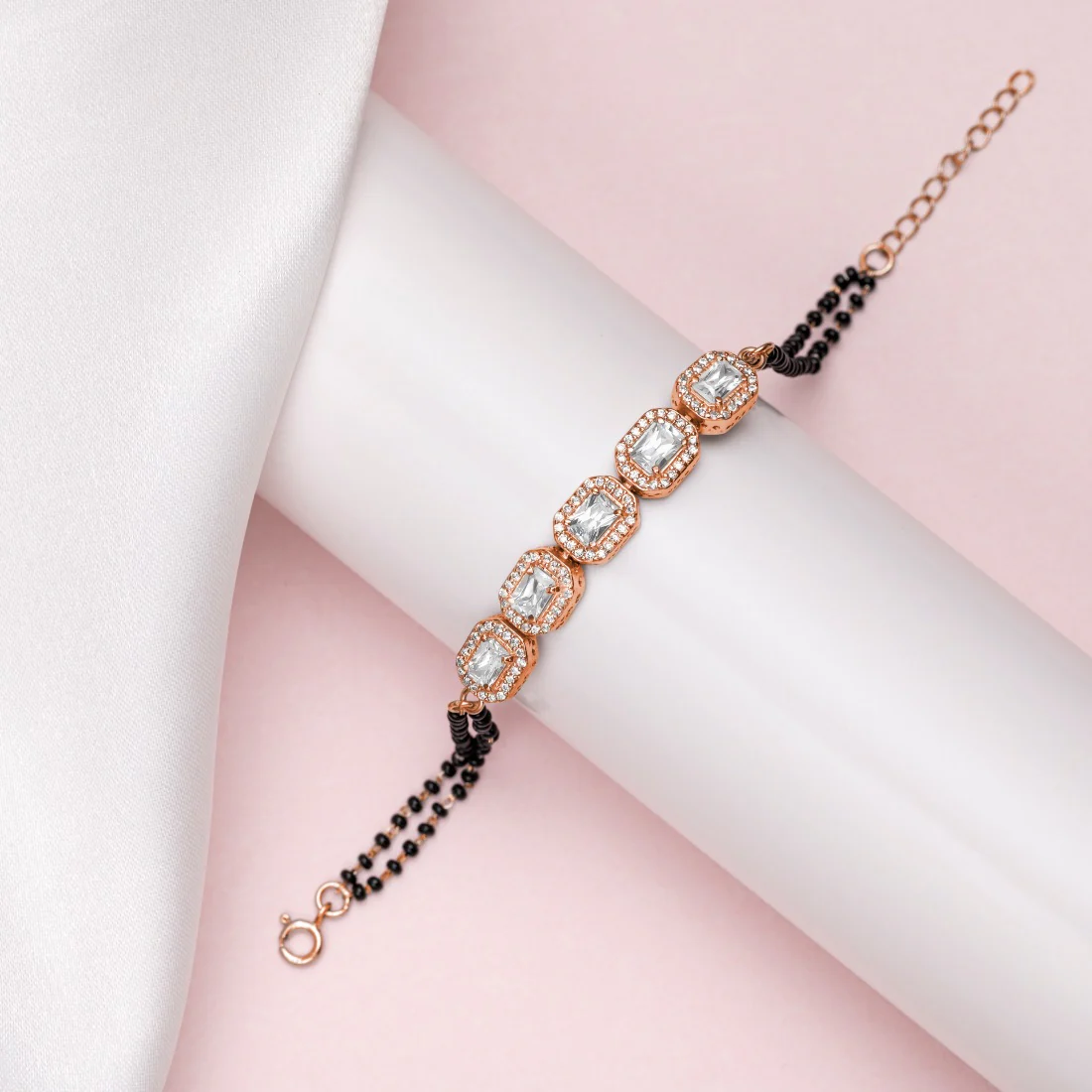 Rose Petal Sparkle CZ & Black Beads Rose Gold Plated 925 Sterling Silver Bracelet