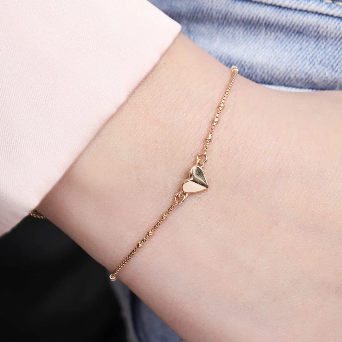 Beaded Heart Rose Gold Plated 925 Sterling Silver Chain Bracelet - Image 2