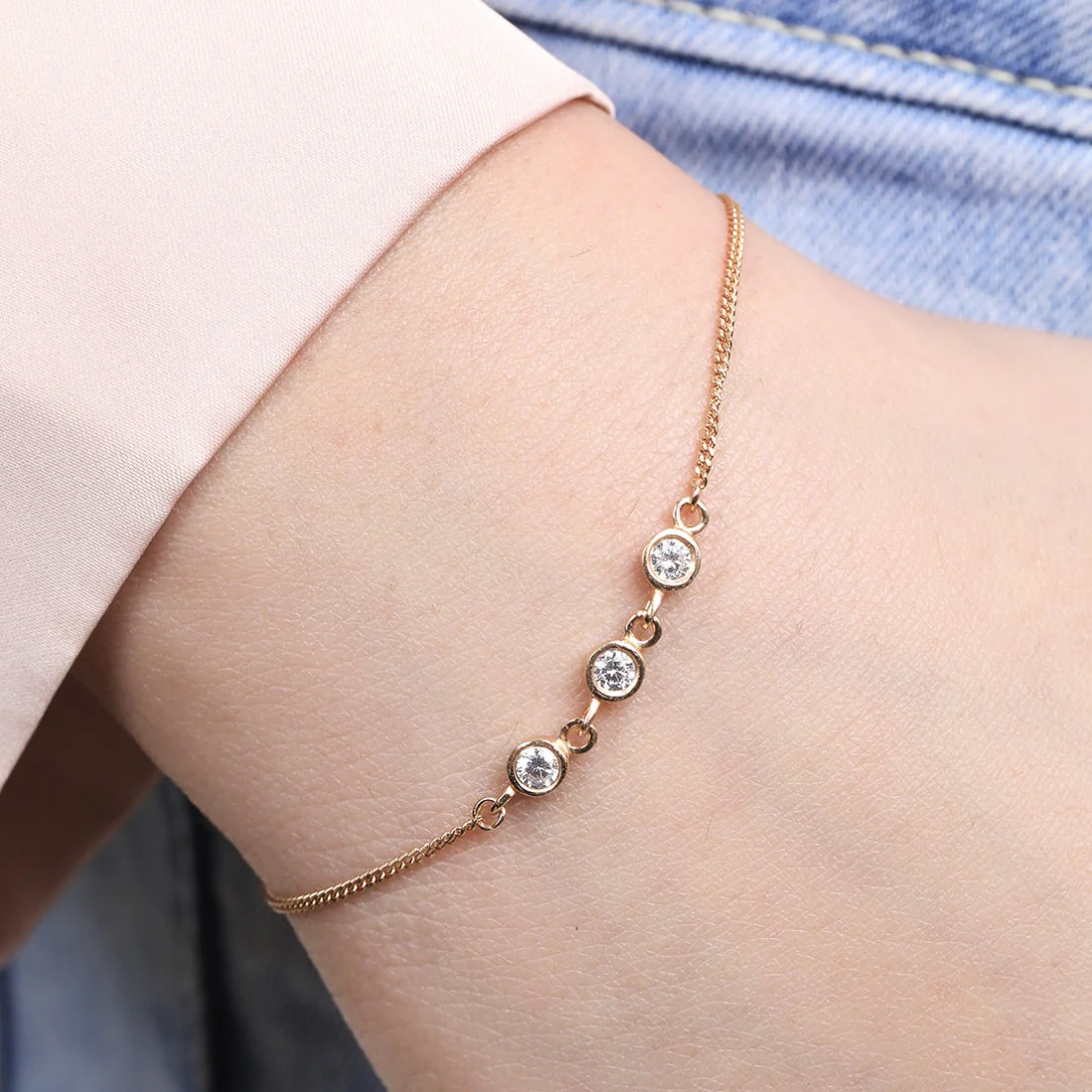Triple CZ Link Rose Gold Plated 925 Sterling Silver Bracelet - Image 2