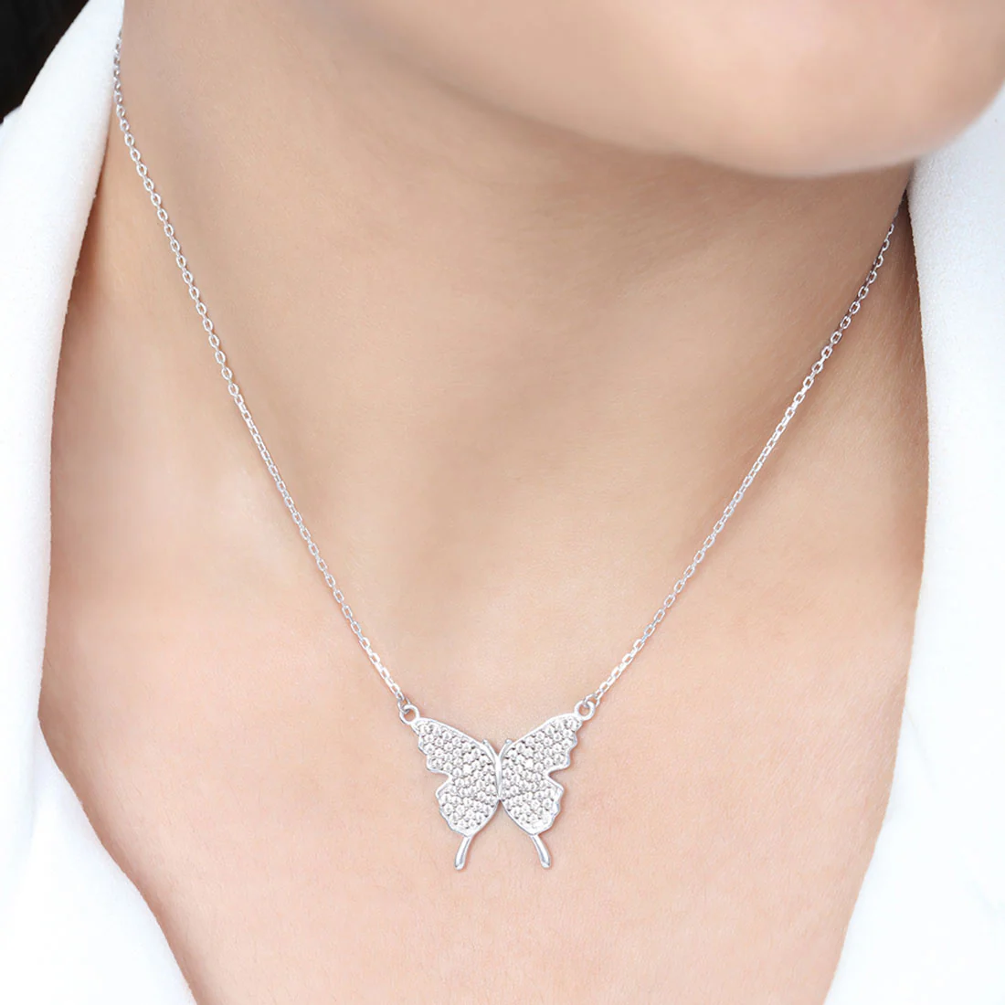 Butterfly CZ Rhodium Plated 925 Sterling Silver Necklace - Image 2