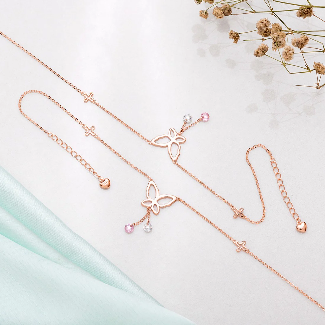 Butterfly Rose Gold Plated 925 Sterling Silver Charm Anklet