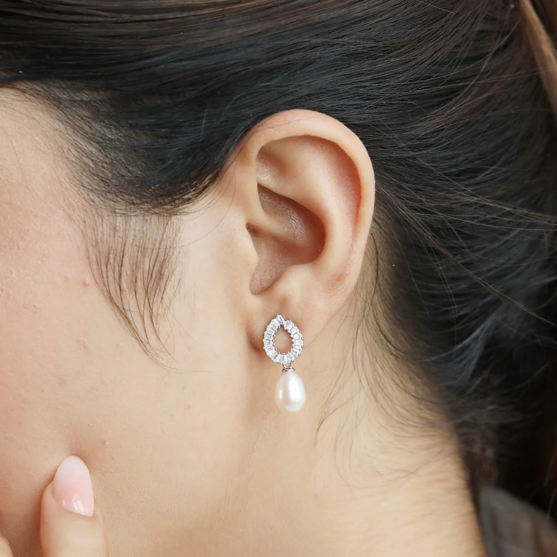 Cherished Pearls CZ & Pearl Rhodium Plated 925 Sterling Silver Earrings - Image 2