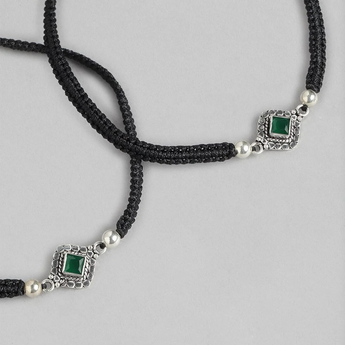 Contemporary Green Stone Rhodium Plated 925 Sterling Silver Drawstring Anklet - Image 4