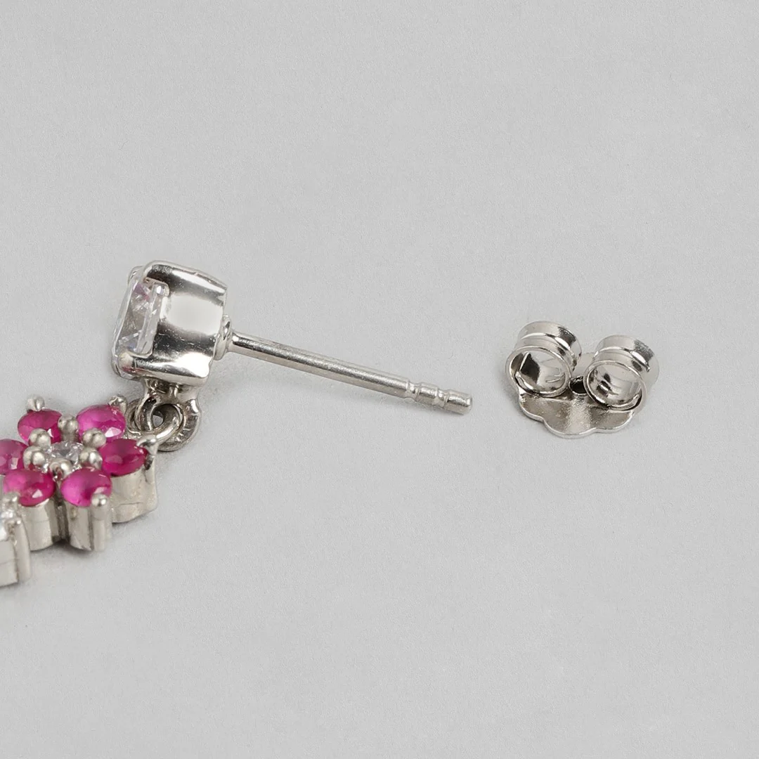 Crimson Blossom 925 Sterling Silver CZ Floral Drop Earrings - Image 6