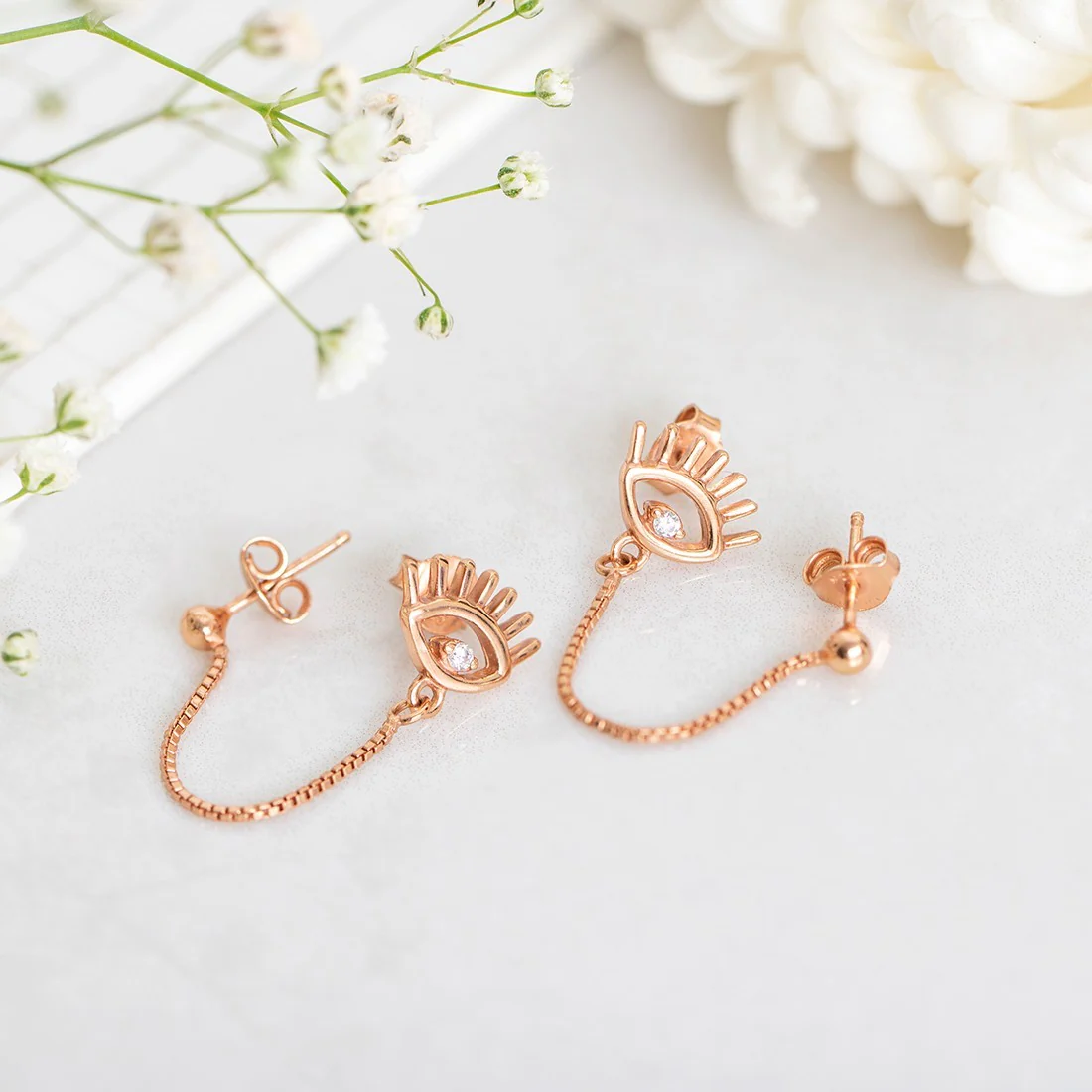 CZ Dangling Eye Rose Gold Plated 925 Sterling Silver Earring