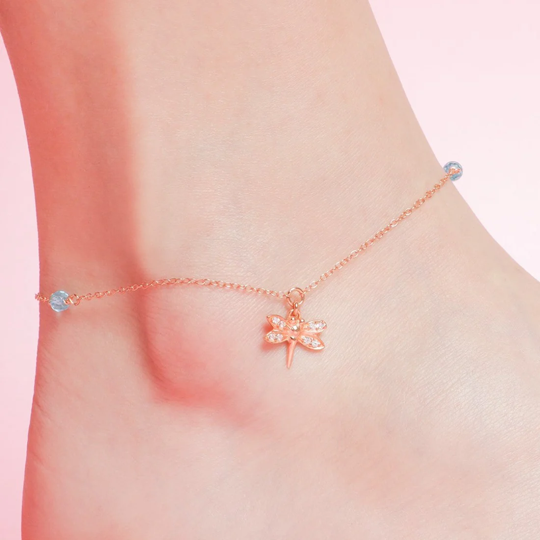 CZ Dragonfly Rose Gold Plated 925 Sterling Silver Anklet - Image 6
