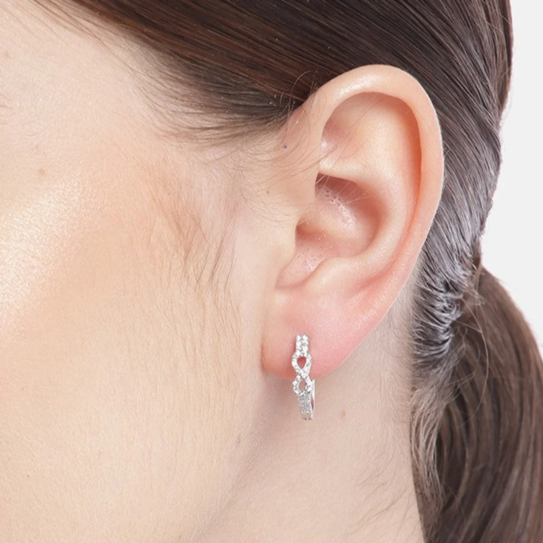 CZ Infinity Rhodium Plated Silver Latchback Hoops - Image 3