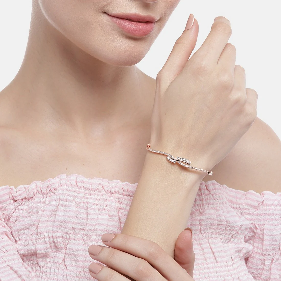 Wave Line CZ Rose Gold Plated 925 Sterling Silver Kada Bracelet - Image 3