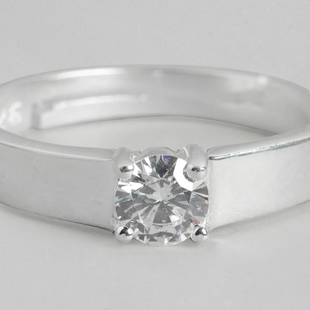 CZ Solitaire Rhodium Plated 925 Sterling Silver Ring for Him (Adjustable) - Image 6