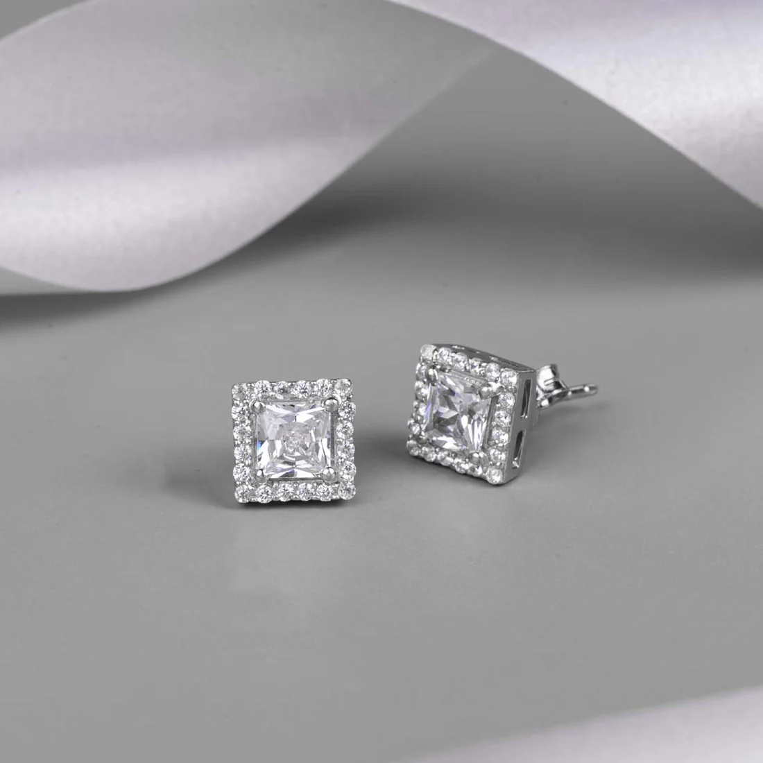 CZ Studded Rhodium Plated 925 Sterling Silver Studs - Image 4