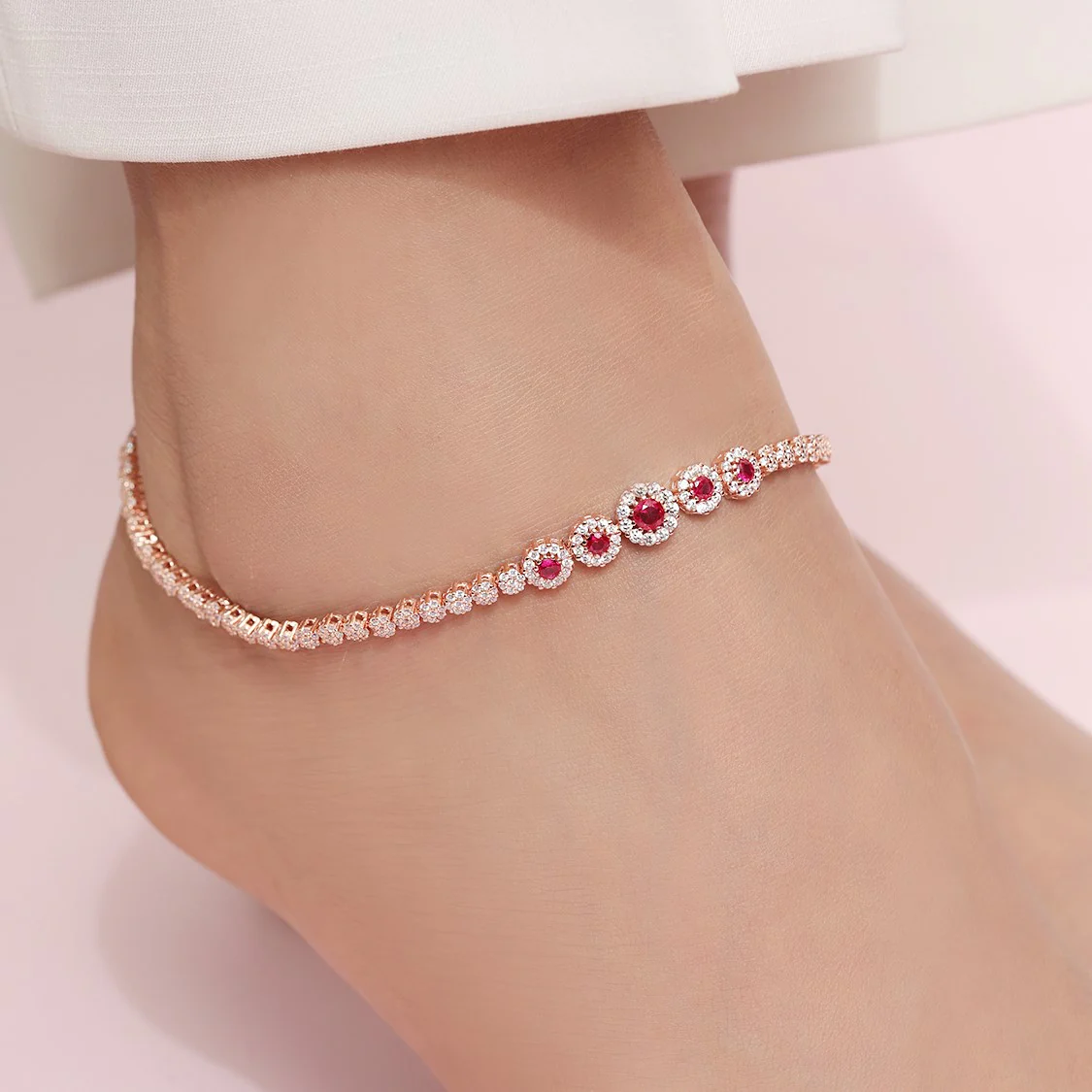 CZ Studded Rose Gold 925 Sterling Silver Chain Anklet - Image 2