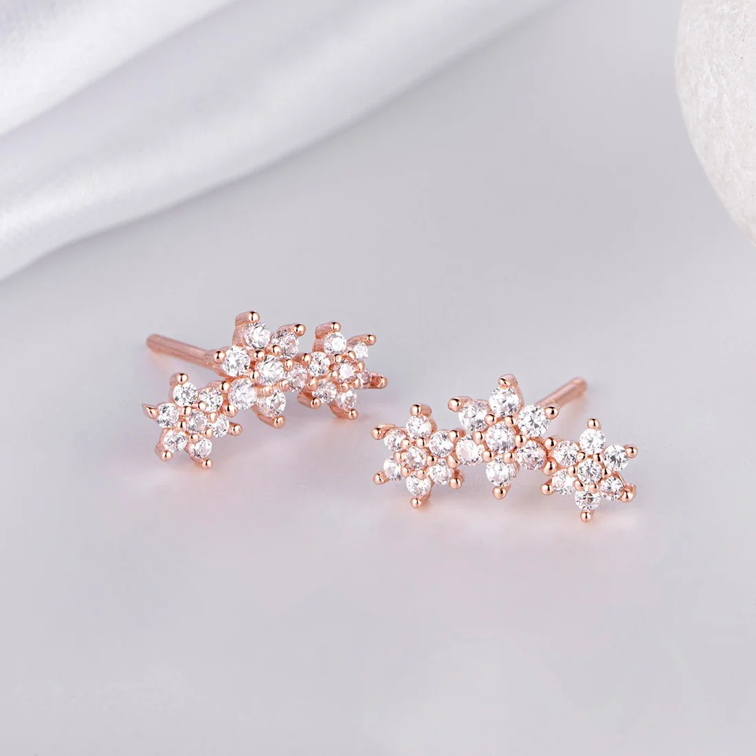 Triple Star CZ Rose Gold Plated 925 Sterling Silver Earrings