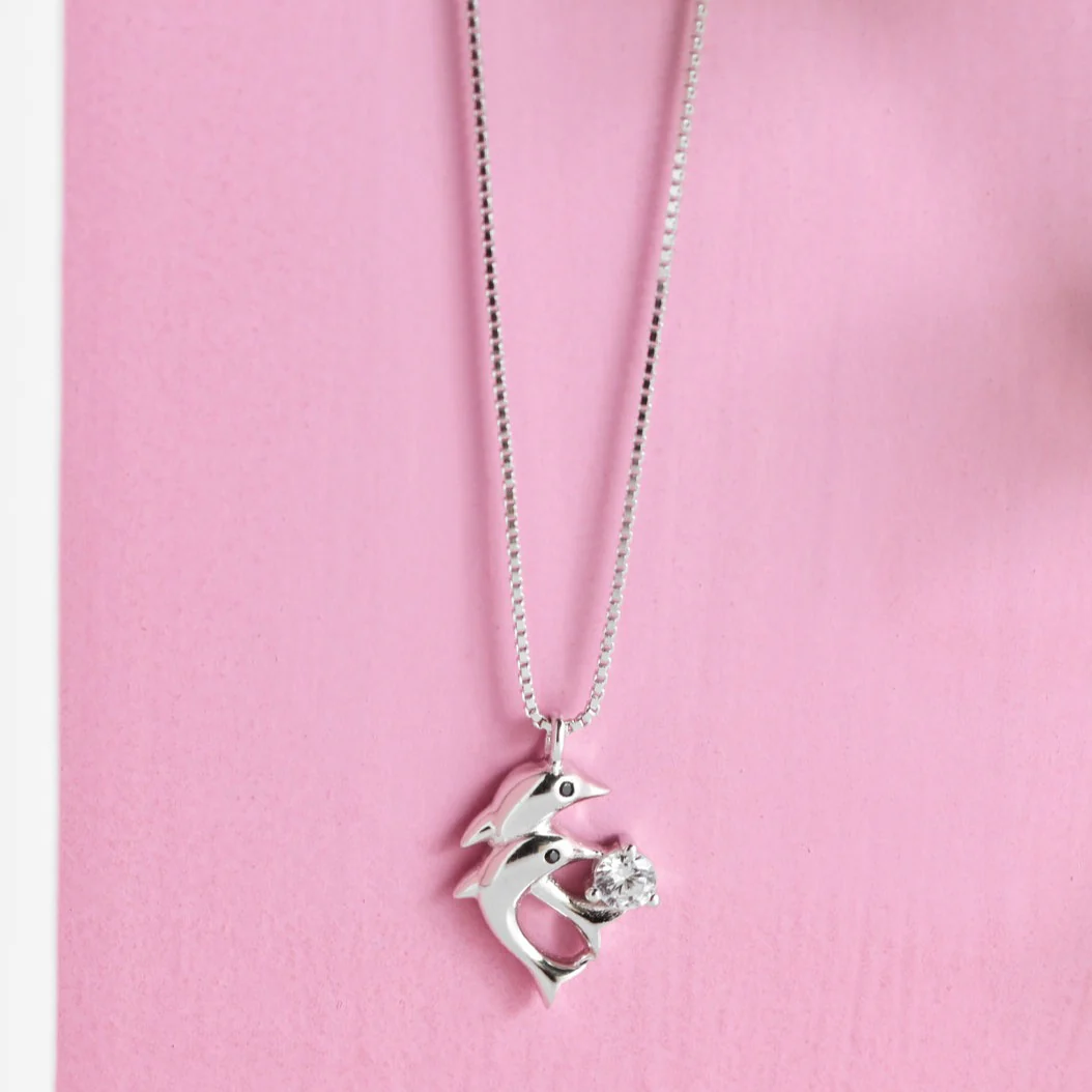 CZ Studded Twin Dolphin 925 Sterling Silver Necklace