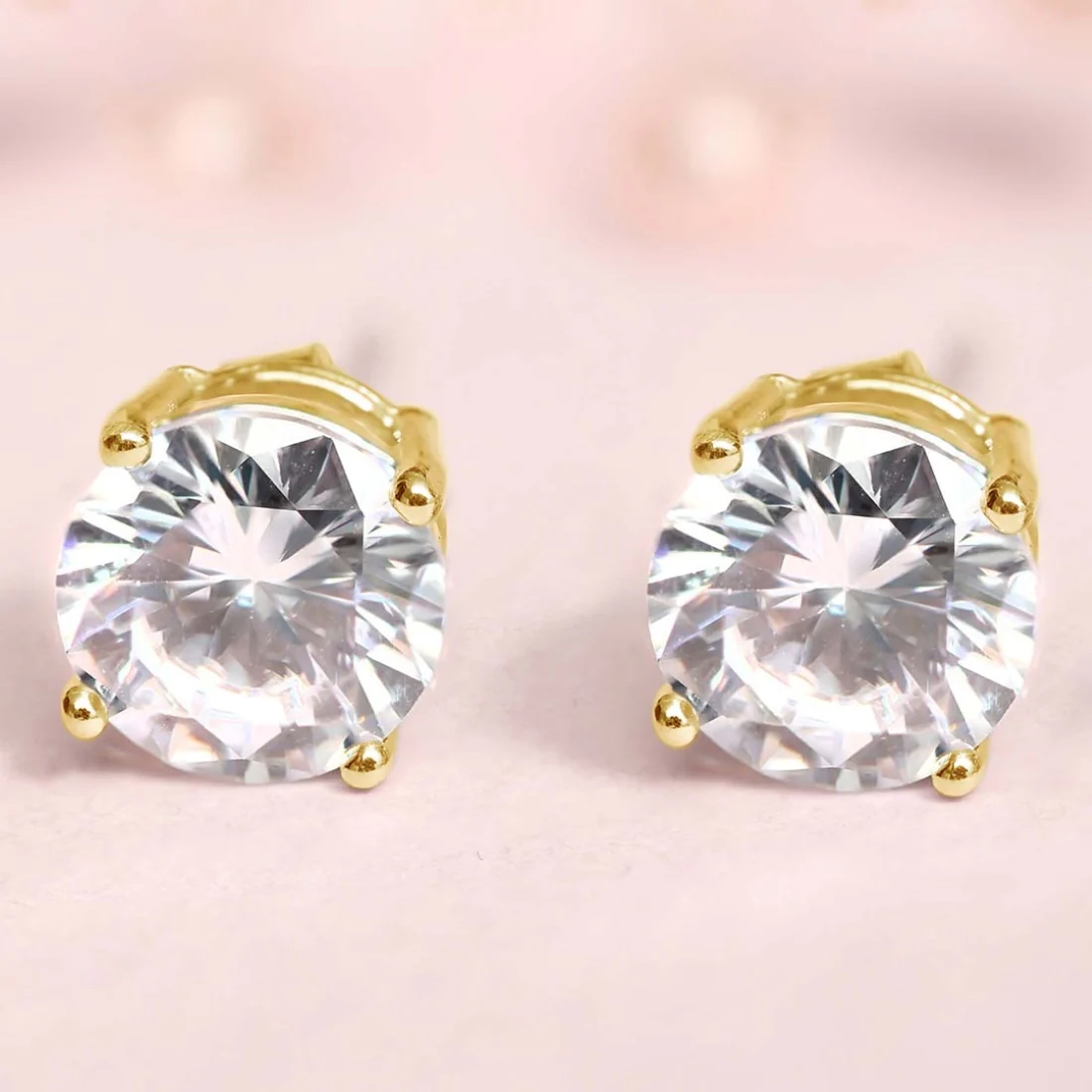 Dazzling Solitude Gold-Plated 925 Sterling Silver Stud Earrings