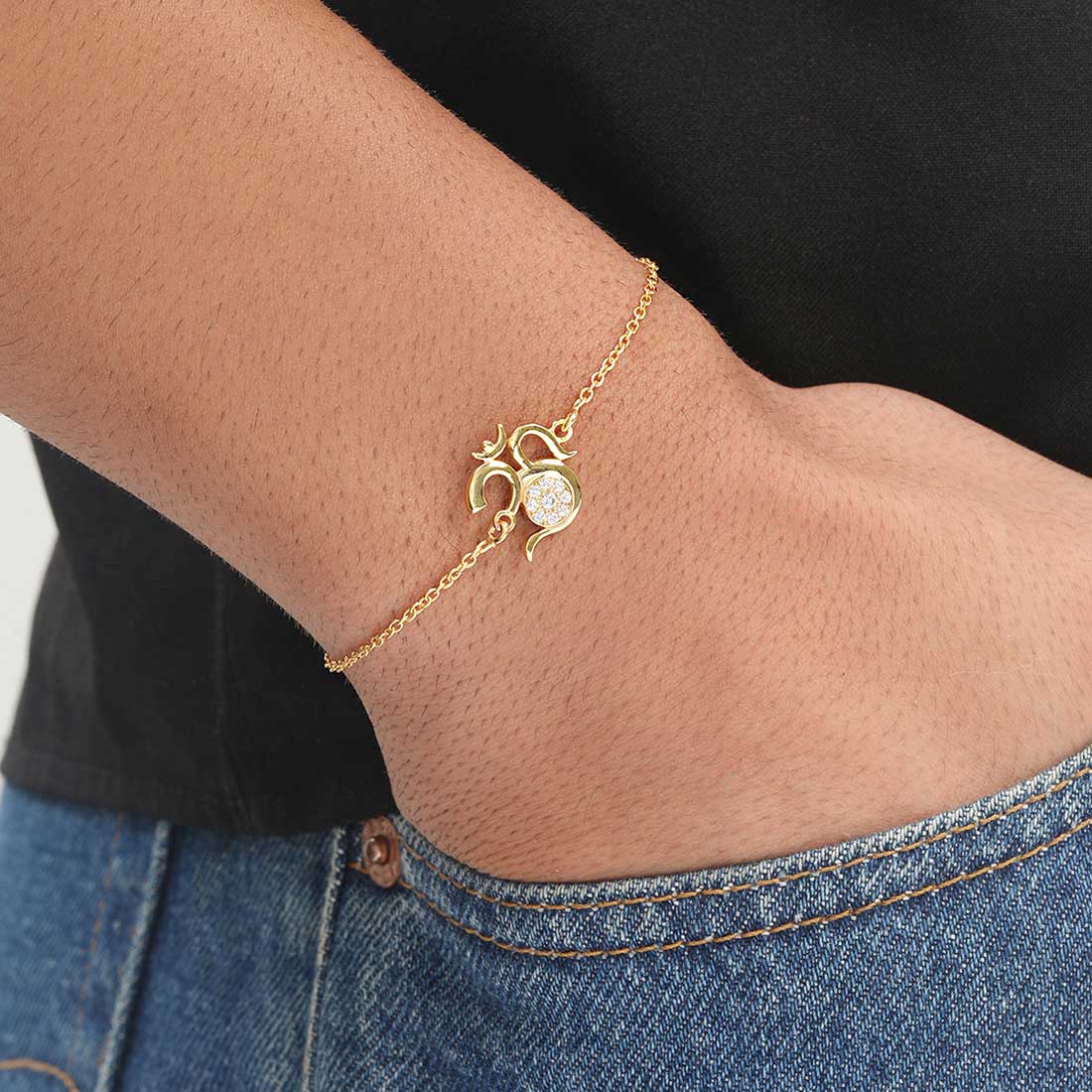 Divine Om With Cubic Zirconia Gold-Plated Sterling Silver Adjustable Link Chain Rakhi For Him - Image 3