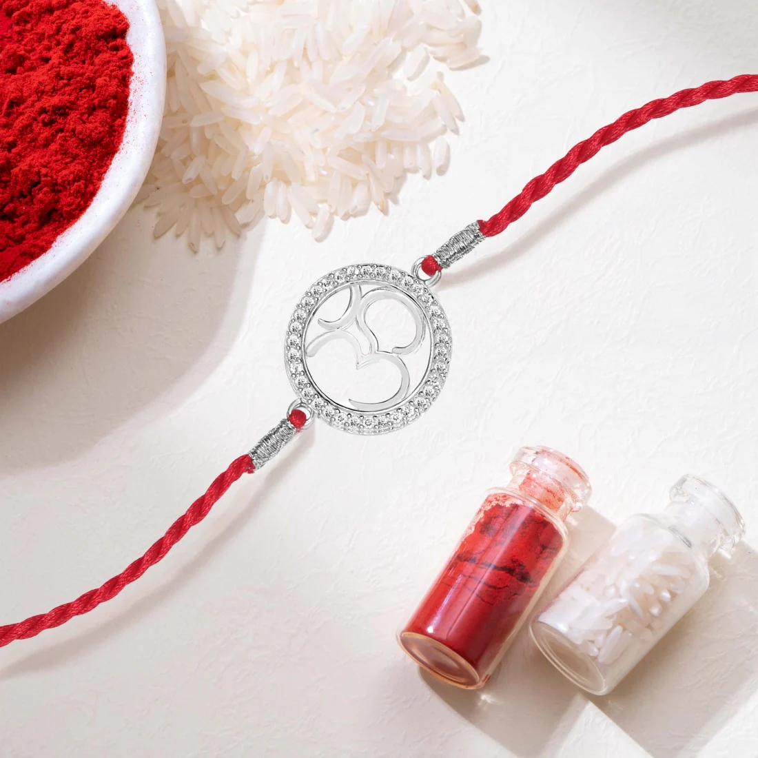Divine Om With Cubic Zirconia Rhodium-Plated Sterling Silver Thread Rakhi For Him - Image 2