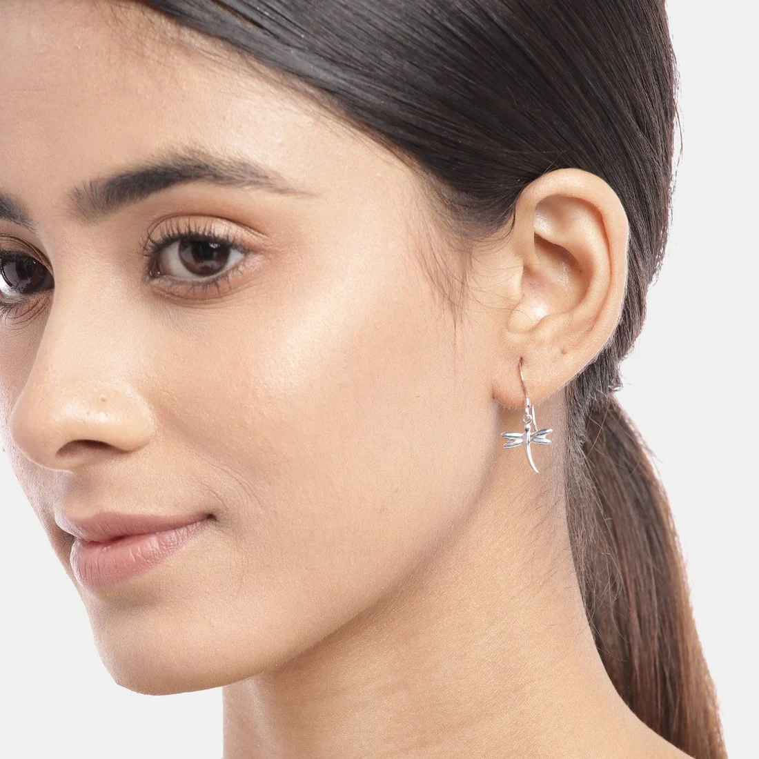 Dragonfly Dangling Rhodium Plated 925 Sterling Silver Earrings - Image 2