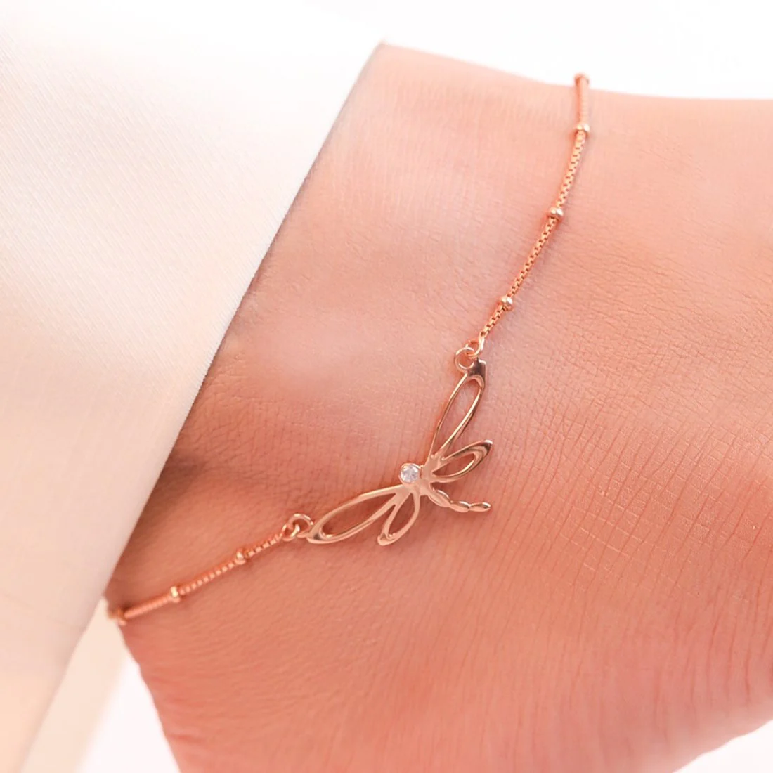 Dragonfly Rose Gold Plated 925 Sterling Silver Chain Anklet with Beads - Image 2