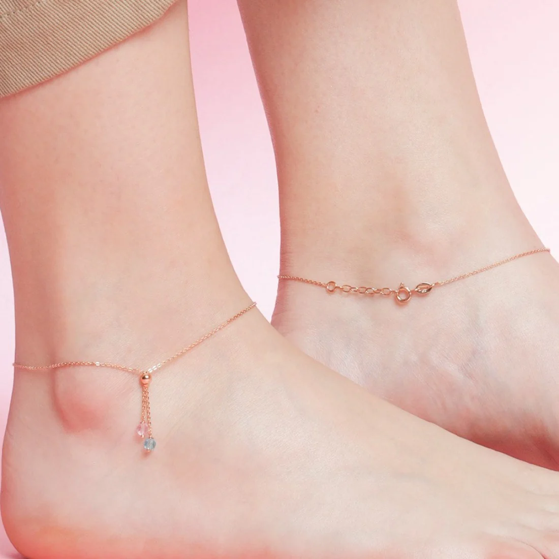Drop CZ Rose Gold Plated 925 Sterling Silver Chained Anklet - Image 5