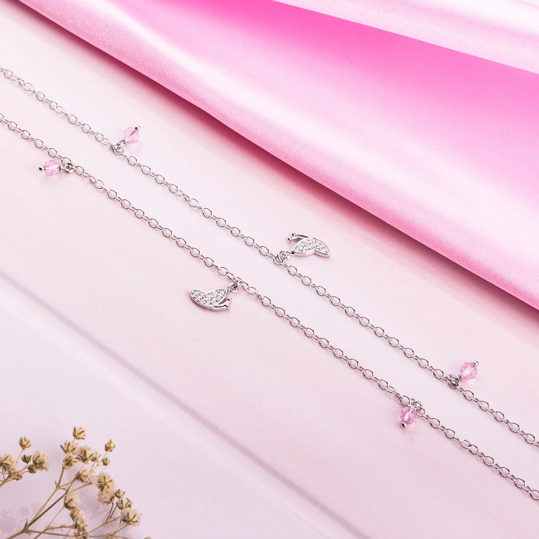 Drop With CZ Rhodium Plated 925 Sterling Silver Chained Anklet - Image 6