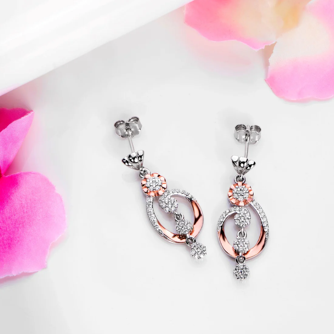 Dual Bloom Harmony CZ Dual-Tone Plated Floral 925 Sterling Silver Earrings - Image 2
