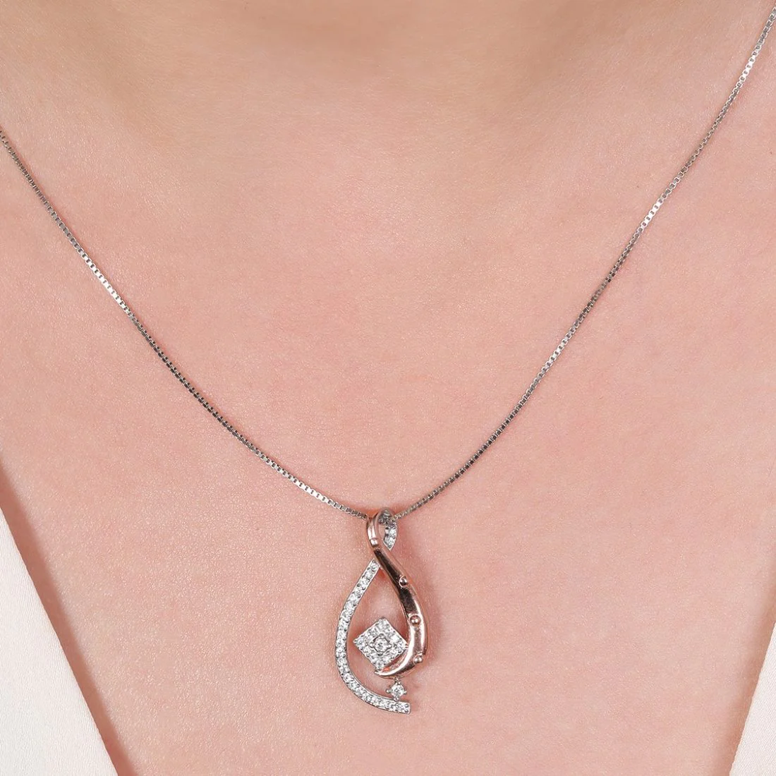 Dual Tone CZ Abstract Elegance 925 Sterling Silver Pendant with Chain - Image 2