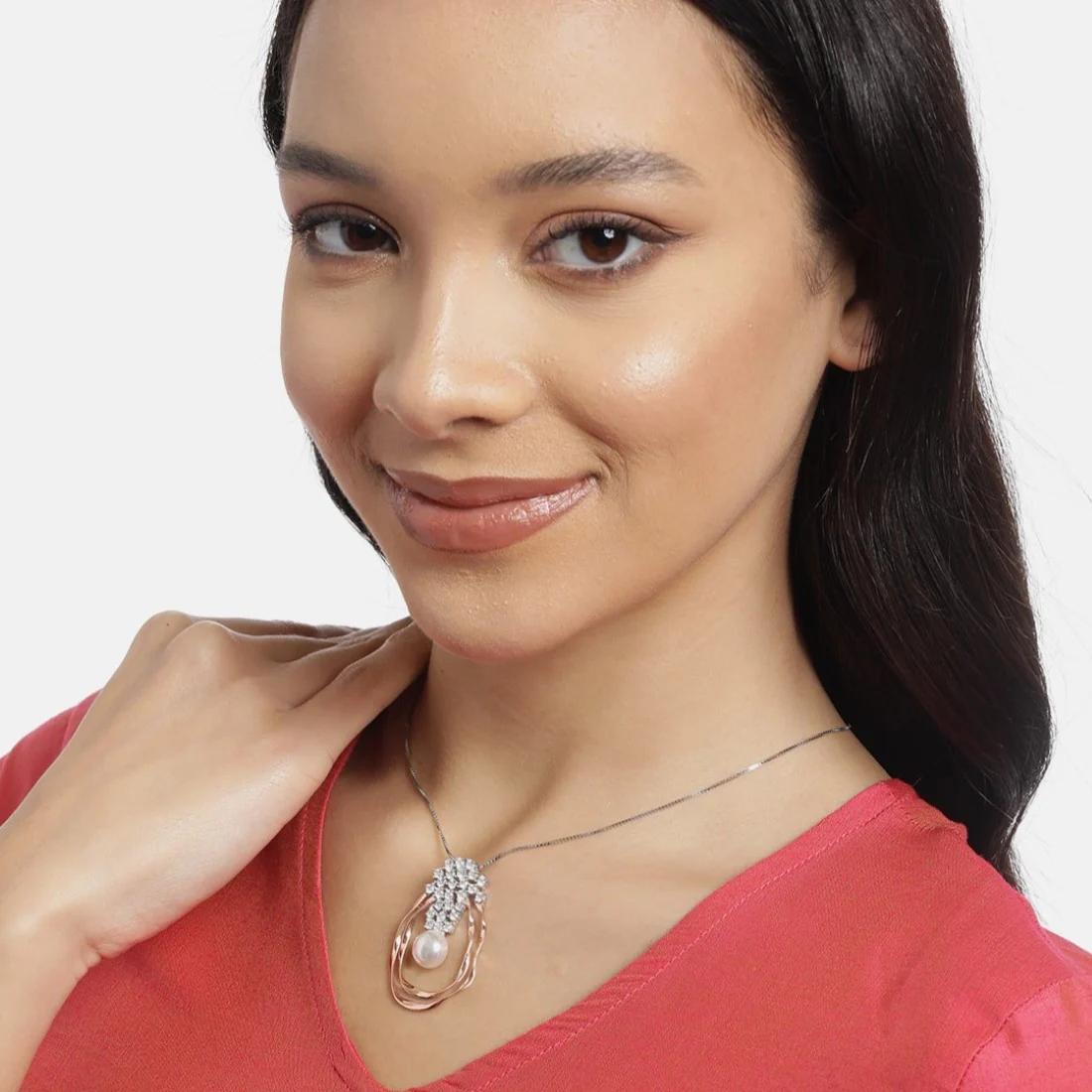 Dual Tone Pearl Abstract Radiance 925 Sterling Silver Pendant with Chain - Image 2