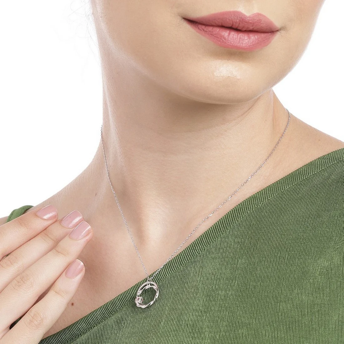 Duo Circle Pink CZ 925 Sterling Silver Necklace - Image 2
